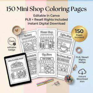 150-Page Tiny Shops Coloring Book — Editable Canva Template with PLR Rights | Printable & Digital Download