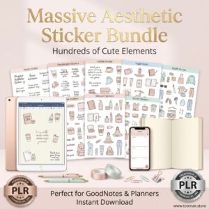 PLR Digital Stickers — That Girl Aesthetic | 1,700+ Canva Editable PNG Icons for Goodnotes, Notability & Resell