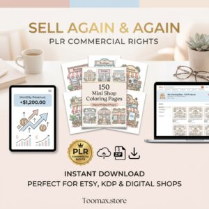 150-Page Tiny Shops Coloring Book — Editable Canva Template with PLR Rights | Printable & Digital Download