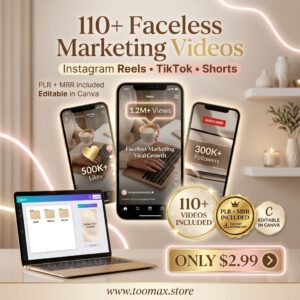 110+ Faceless Digital Marketing Videos with MRR & PLR — Instagram Reels, TikTok & YouTube Shorts | Editable Canva Bundle