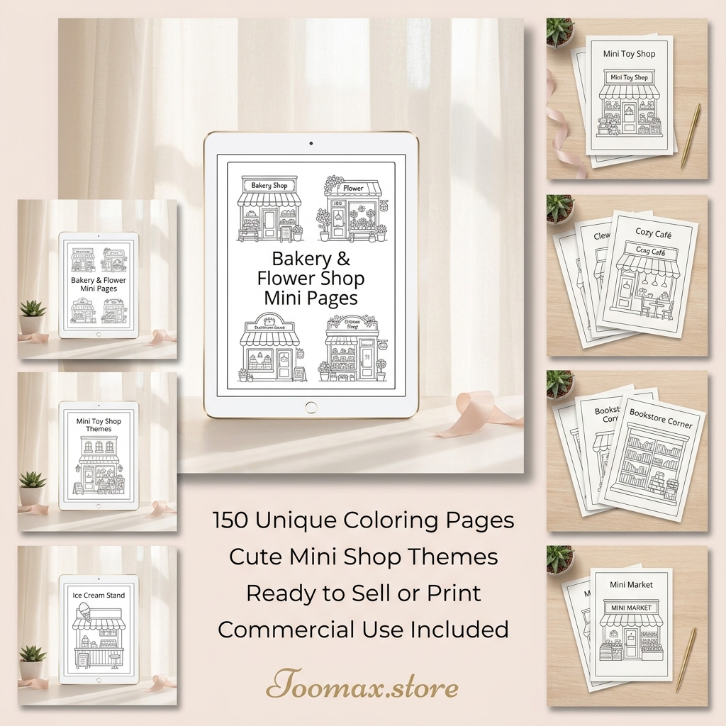 150-Page Tiny Shops Coloring Book — Editable Canva Template with PLR Rights | Printable & Digital Download - Image 5