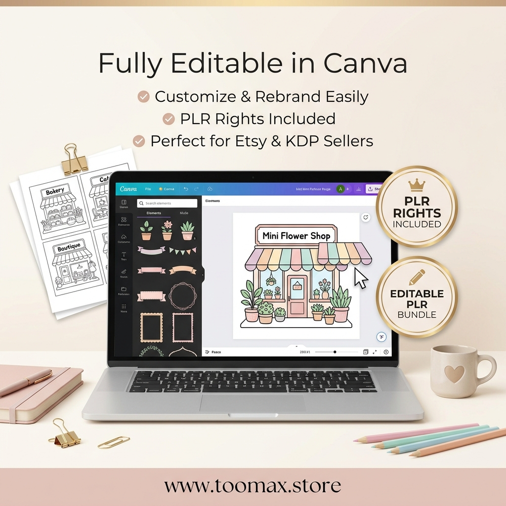 150-Page Tiny Shops Coloring Book — Editable Canva Template with PLR Rights | Printable & Digital Download - Image 4