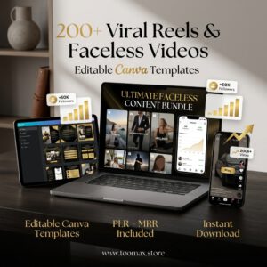 Ultimate Faceless Content Bundle – 200+ Viral Reels, Videos & Canva Templates (PLR + MRR)