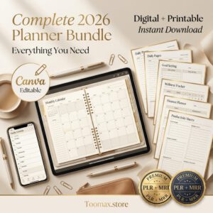 PLR 2026 Planner with MRR - Canva Editable Digital Planner Template | Done-For-You Digital Product Bundle with Resell Rights