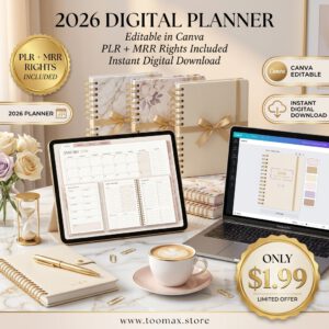 PLR 2026 Planner with MRR - Canva Editable Digital Planner Template | Done-For-You Digital Product Bundle with Resell Rights
