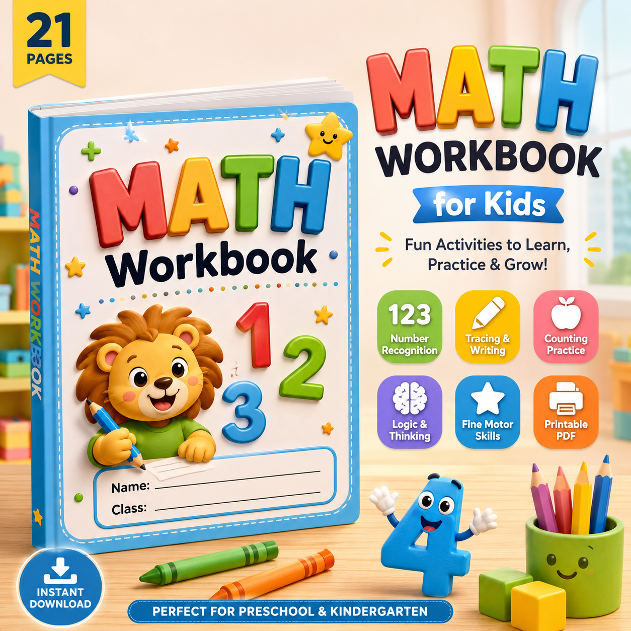 Math Workbook for Kids Printable PDF | Preschool & Kindergarten Math Worksheets | Number Recognition, Counting & Tracing Activities | Homeschool Learning Pack | Instant Download
